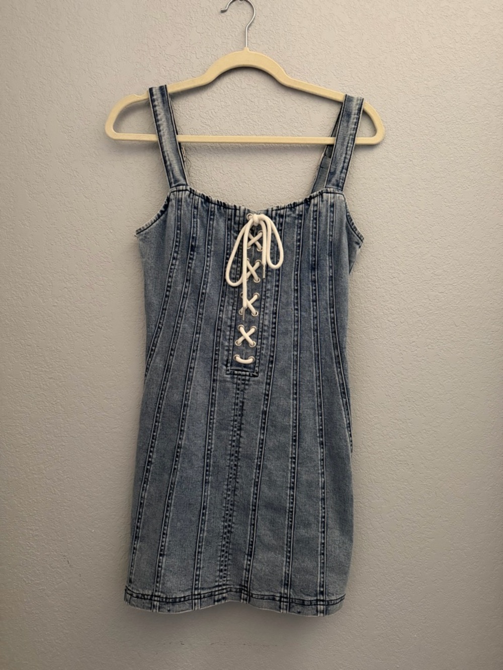Sleeveless Lace-Up Light Wash Denim Mini Dress
